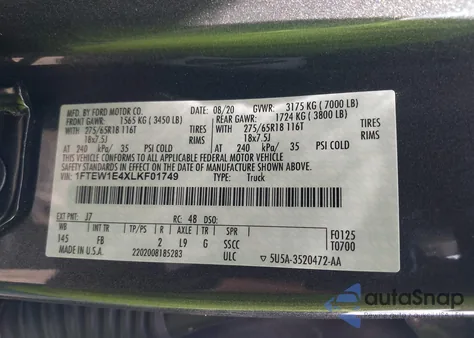 2020 Ford F-150 Xlt из США, поврежденный, VIN 1FTEW1E4XLKF01749